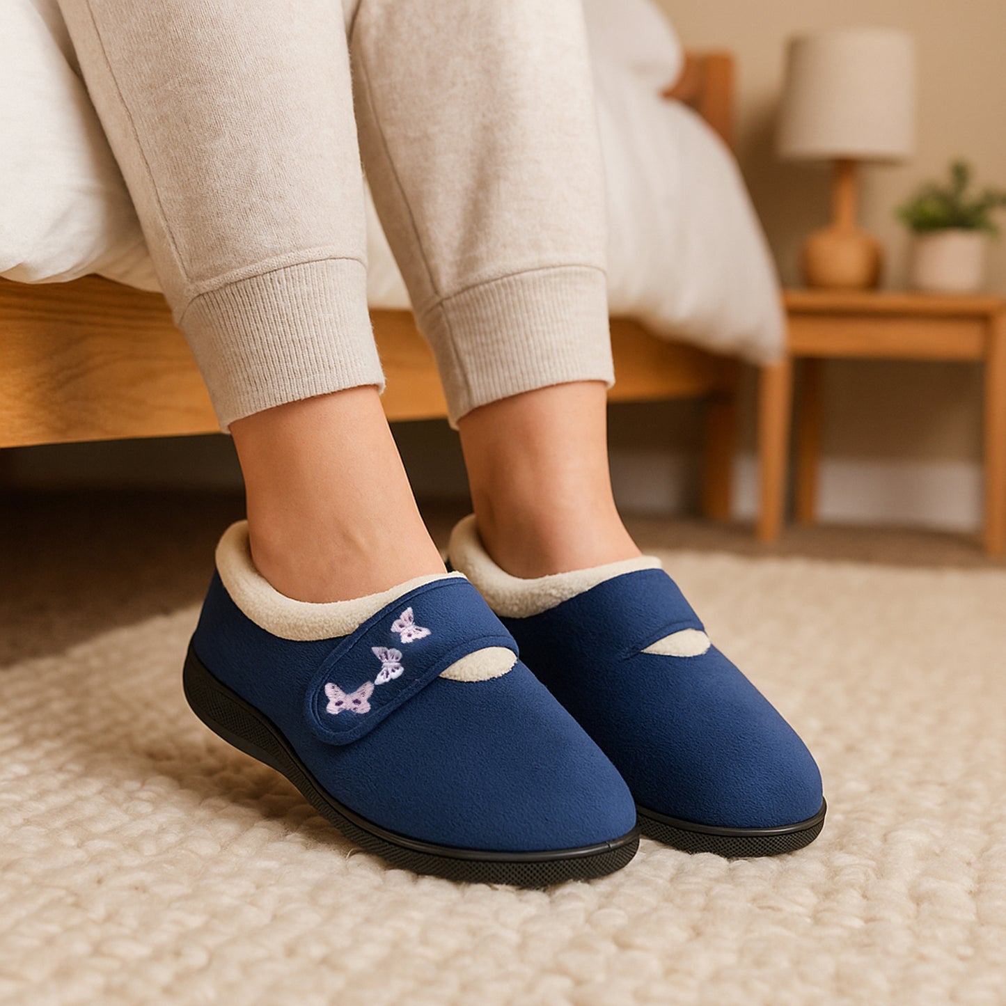 Womens Fleece Lined Navy Slippers Warm Wide Opening Touch Fasten Strap Winter Indoor Cosy Ladies Casual Flat House Shoes