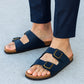 Mens Sandals Cork Footbed Navy Faux Leather 2 Adjustable Straps Beach Fashion Slides Summer Slip On Backless Smart Casual Fashion Sandal