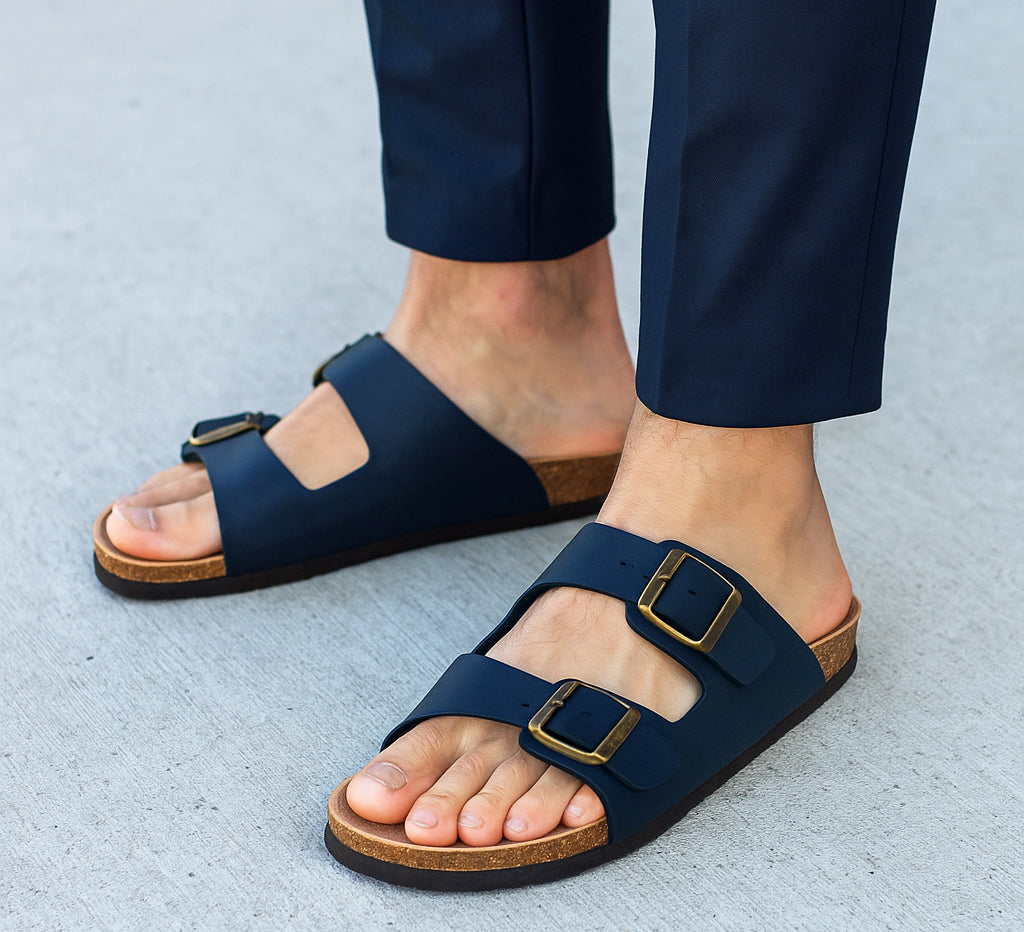 Mens Sandals Cork Footbed Navy Faux Leather 2 Adjustable Straps Beach Fashion Slides Summer Slip On Backless Smart Casual Fashion Sandal