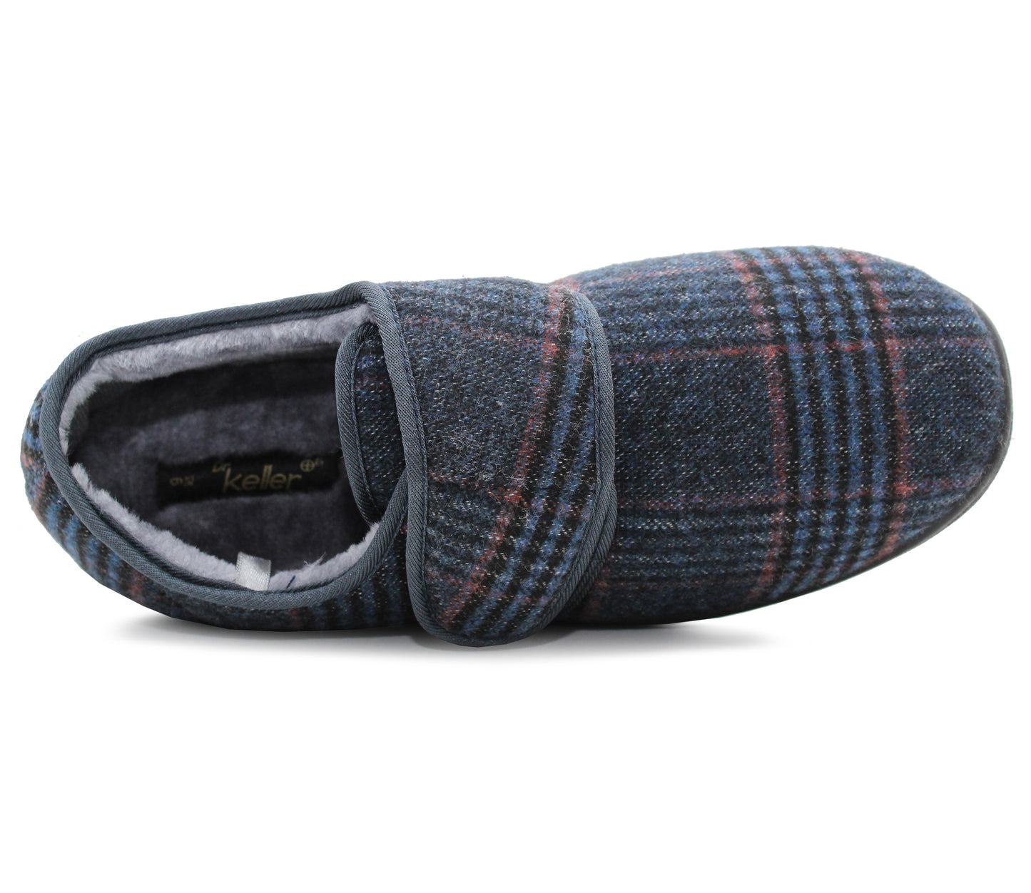 Mens Navy Check Felt Faux Fur Lined Thermal Wide Opening Touch Fasten Slippers