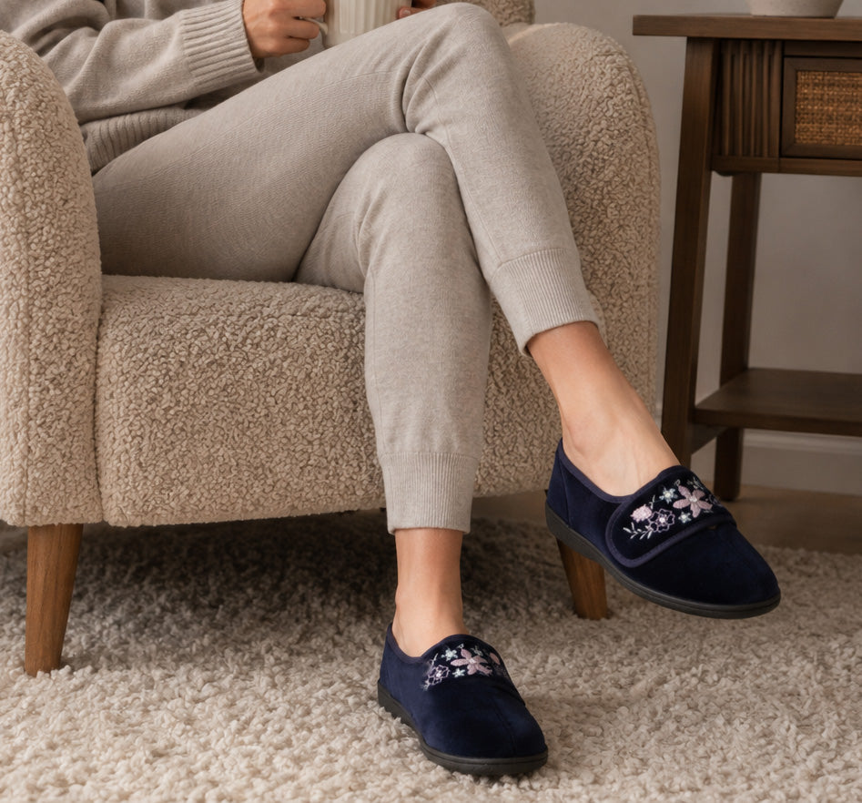 Womens Velour Slippers Faux Fur Lined Ladies Winter Wide Opening Diabetic Orthopaedic House Shoes