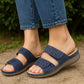 Womens Backless Sandals Touch Fasten Low Wedge Heel Open Toe Metallic Summer Ladies Fashion Sandal Beach Slides Shoes Navy