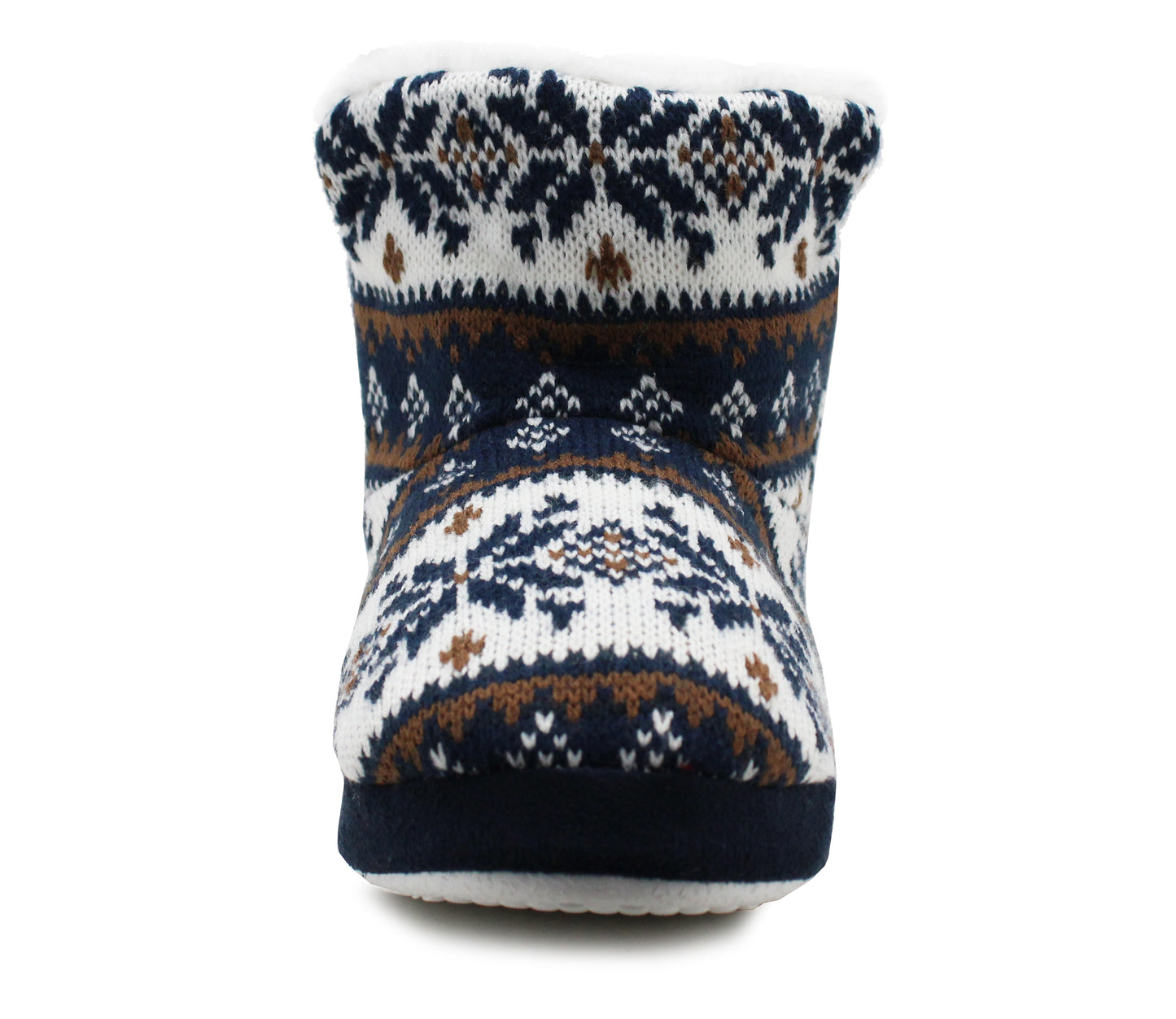 Womens Ankle Boot Slippers Knitted Navy Fair Isle Warm Faux Fur Lined Slip On Cosy Lightweight Snuggle Booties