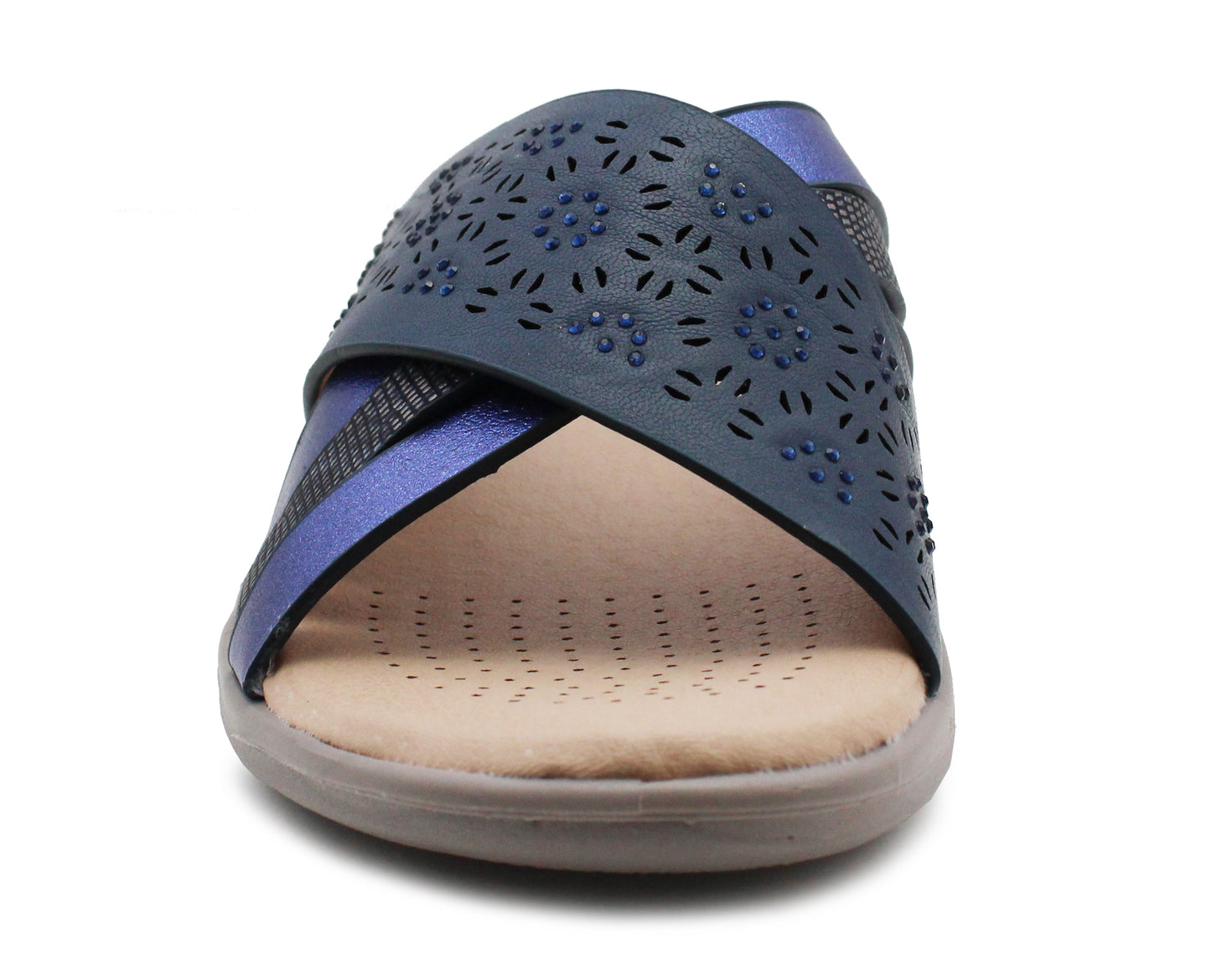 Womens Slip On Sandals Low Wedge Open Toe Summer Fashion Beach Slides Flip Flops Backless Mules Navy Blue