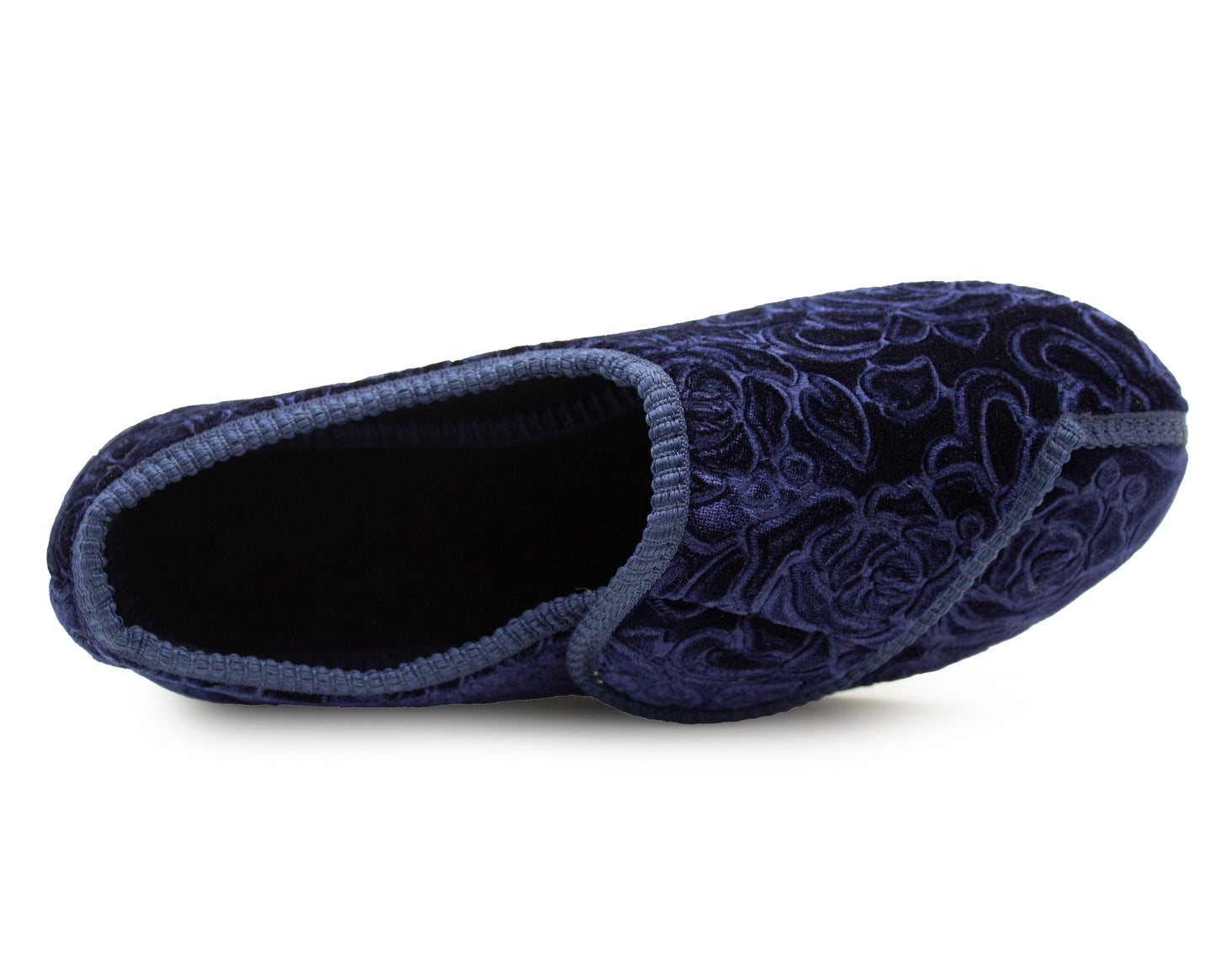 Womens Wide Opening Slippers Navy Velour Touch Fasten Diabetic Orthopaedic Slip On House Shoes Flat Comfort Bedroom Shoes