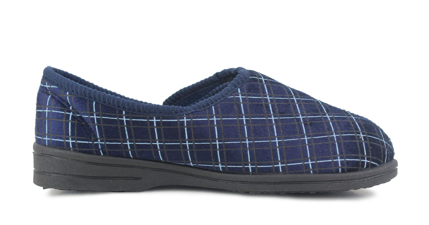 Mens Wide Opening Diabetic Orthopaedic Machine Washable Check Velour Touch Fasten Slippers SIZE UK 12