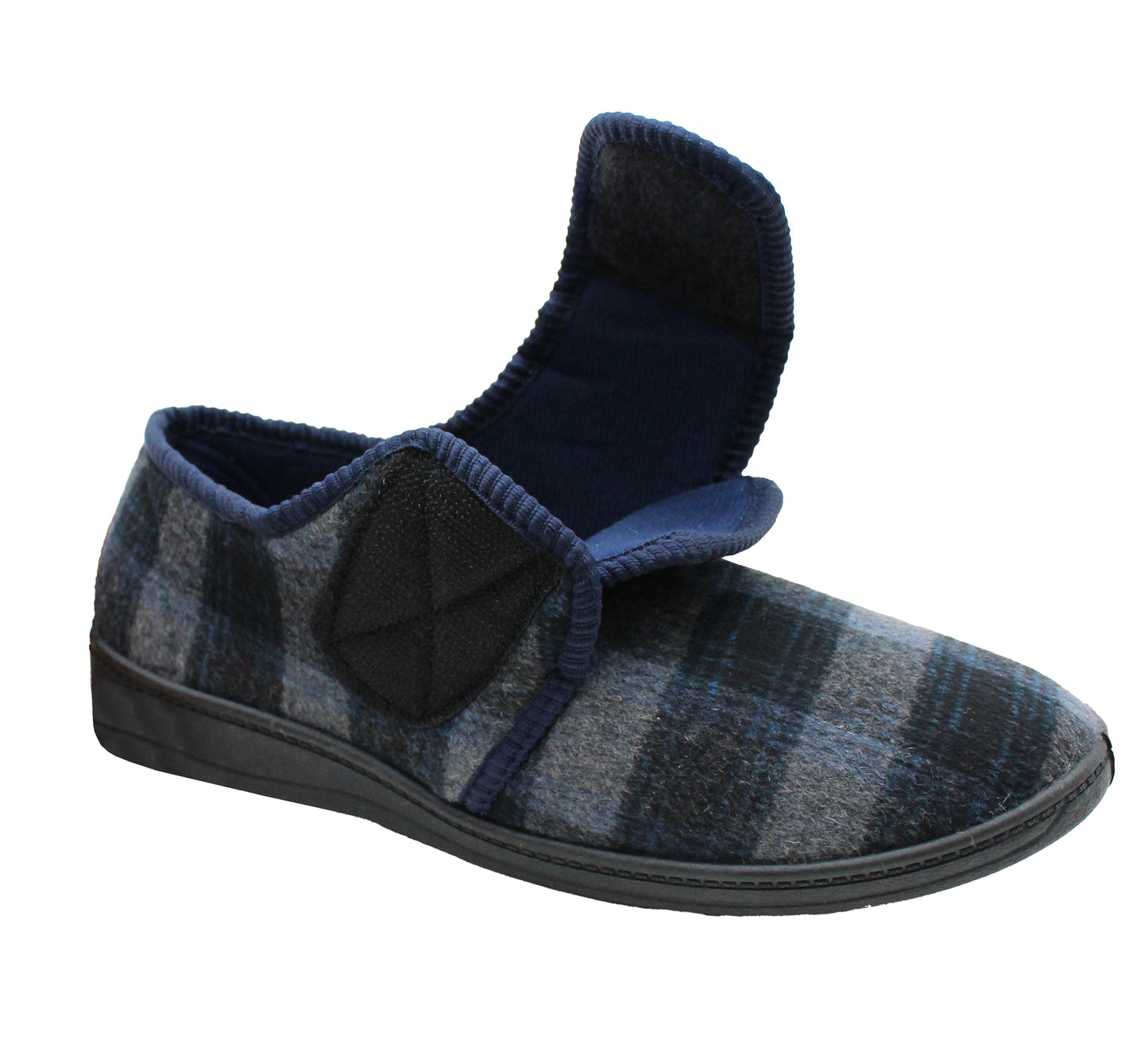 Mens Touch Fasten Slippers Navy Blue Check Felt Wide Opening House Shoes Casual Comfort Indoor Slipper