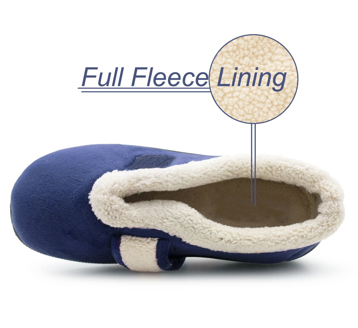 Womens Fleece Lined Navy Slippers Warm Wide Opening Touch Fasten Strap Winter Indoor Cosy Ladies Casual Flat House Shoes