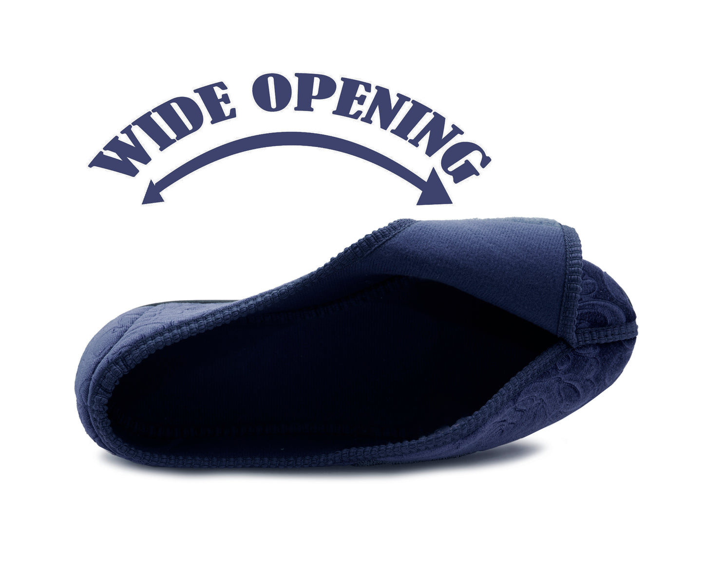 Womens Wide Opening Slippers Navy Velour Touch Fasten Diabetic Orthopaedic Slip On House Shoes Flat Comfort Bedroom Shoes