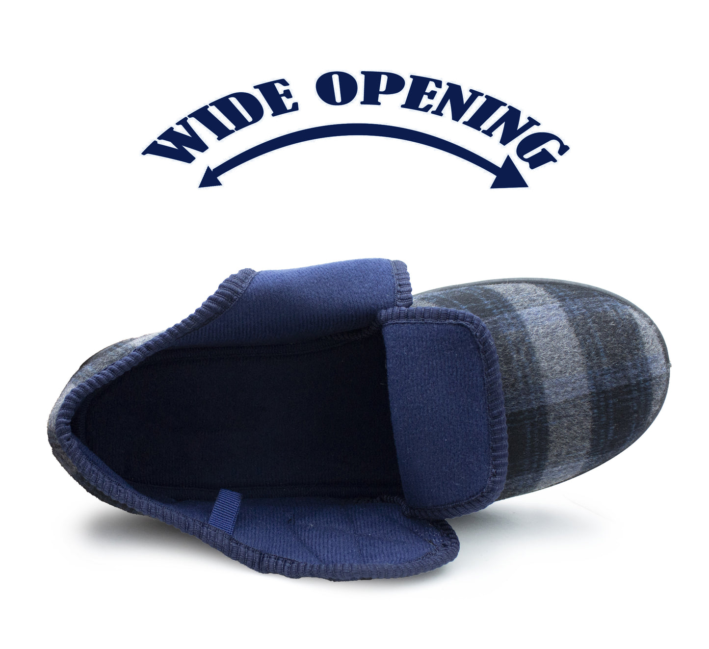 Mens Touch Fasten Slippers Navy Blue Check Felt Wide Opening House Shoes Casual Comfort Indoor Slipper