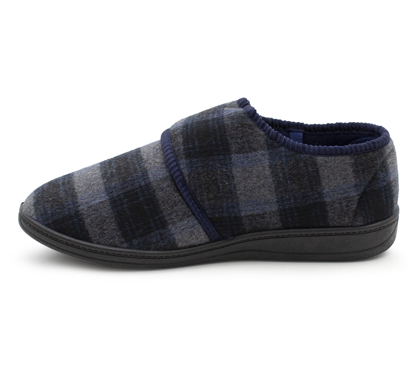 Mens Touch Fasten Slippers Navy Blue Check Felt Wide Opening House Shoes Casual Comfort Indoor Slipper