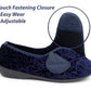 Womens Wide Opening Slippers Navy Velour Touch Fasten Diabetic Orthopaedic Slip On House Shoes Flat Comfort Bedroom Shoes