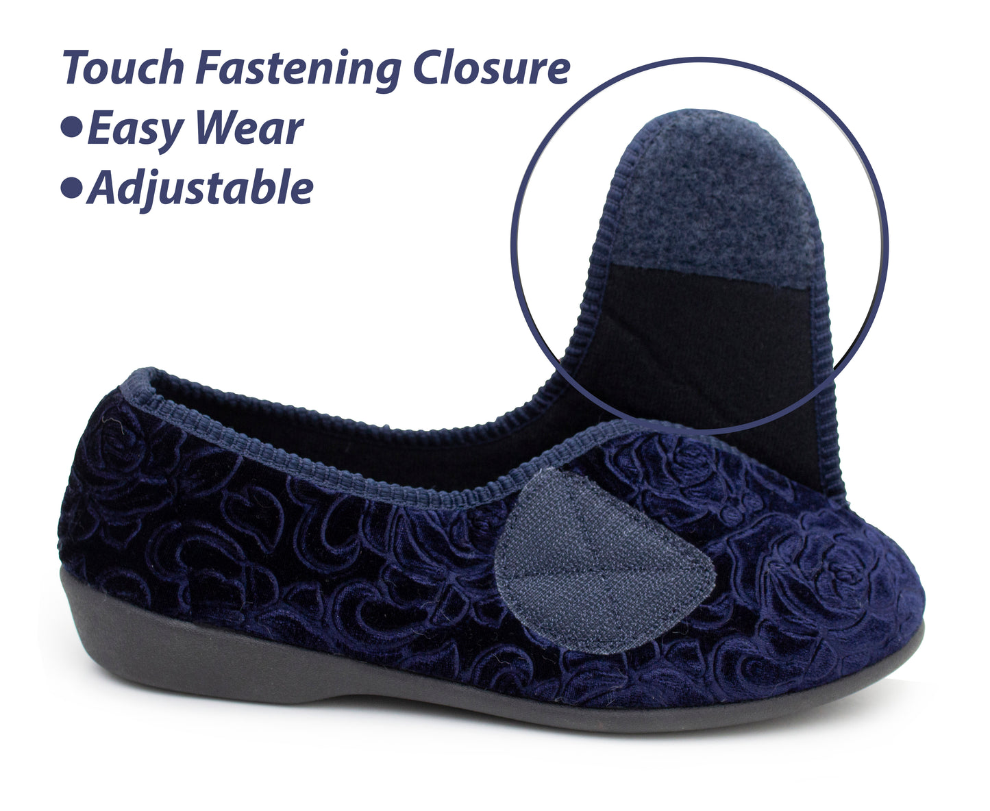 Womens Wide Opening Slippers Navy Velour Touch Fasten Diabetic Orthopaedic Slip On House Shoes Flat Comfort Bedroom Shoes