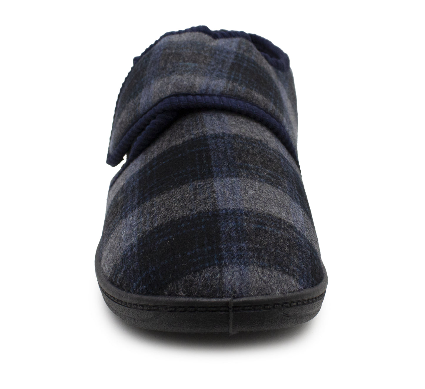 Mens Touch Fasten Slippers Navy Blue Check Felt Wide Opening House Shoes Casual Comfort Indoor Slipper