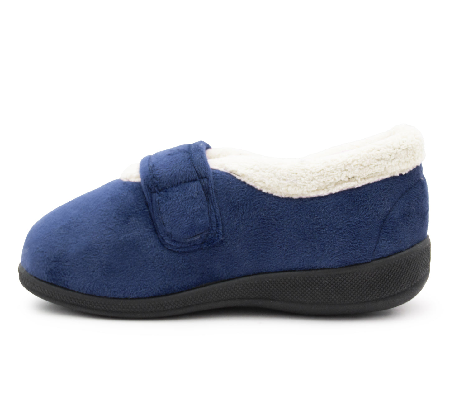 Womens Fleece Lined Navy Slippers Warm Wide Opening Touch Fasten Strap Winter Indoor Cosy Ladies Casual Flat House Shoes