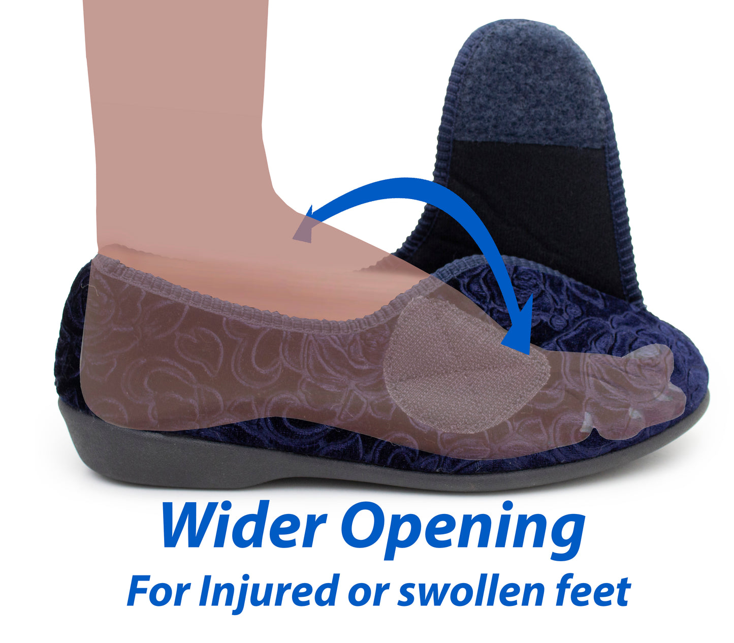 Womens Wide Opening Slippers Navy Velour Touch Fasten Diabetic Orthopaedic Slip On House Shoes Flat Comfort Bedroom Shoes