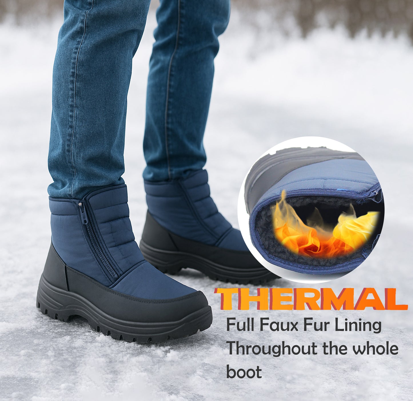 Mens Navy Snow Boots Warm Thermal Fleece Lined Zip Up Slip On Insulated Outdoor Winter Walking Ankle Boots