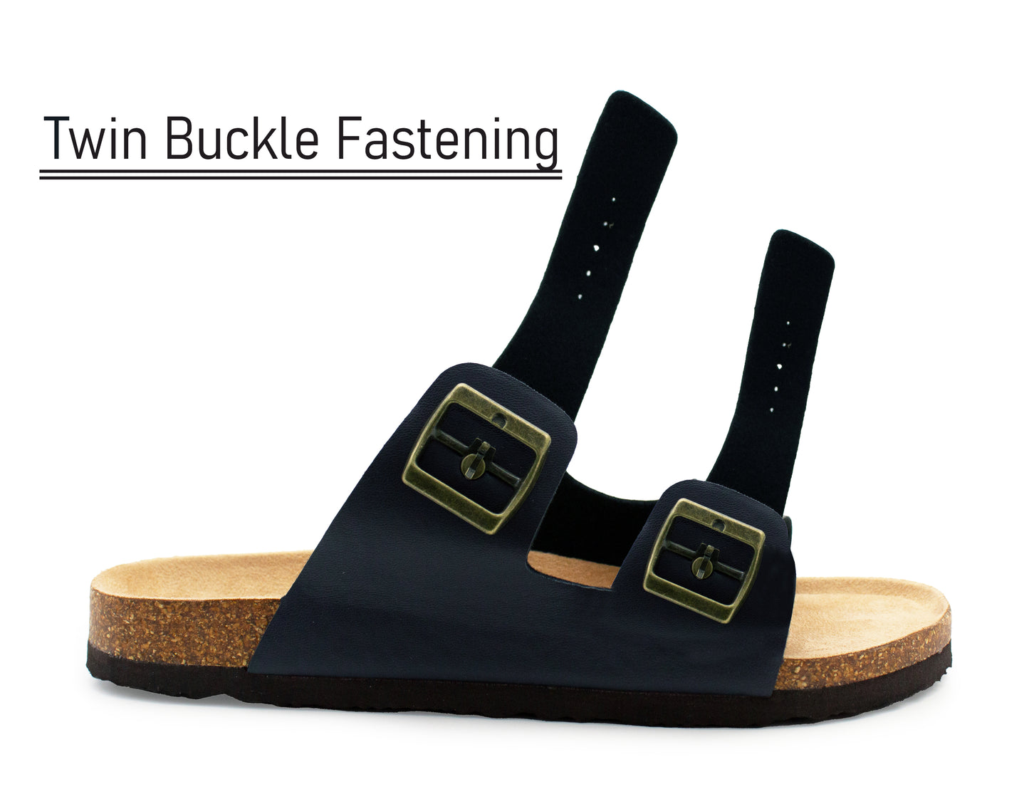 Mens Sandals Cork Footbed Navy Faux Leather 2 Adjustable Straps Beach Fashion Slides Summer Slip On Backless Smart Casual Fashion Sandal