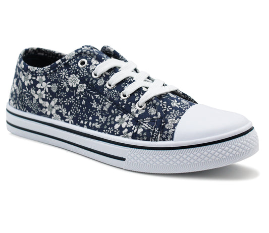 Womens Ladies Canvas Lace Up Denim Floral Baseball Sneakers Casual Flat Plimsoll Trainers Fashion Pumps Navy Floral