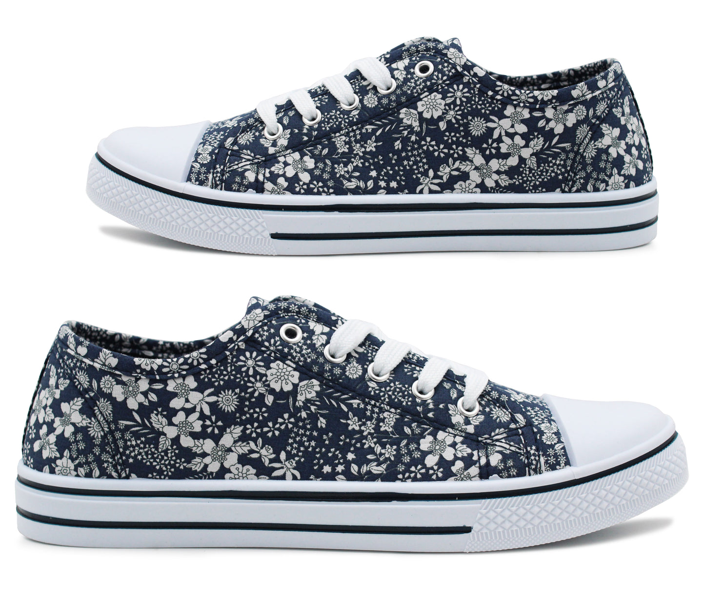 Womens Ladies Canvas Lace Up Denim Floral Baseball Sneakers Casual Flat Plimsoll Trainers Fashion Pumps Navy Floral