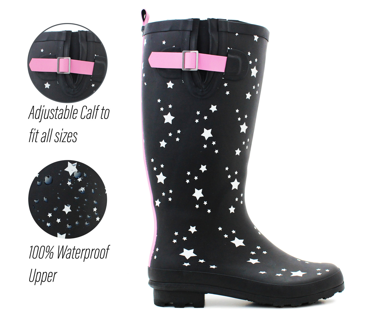 Womens Wellies Adjustable Calf Buckle Rain Boots Ladies Waterproof Festival Dog Walking Wellington Boots