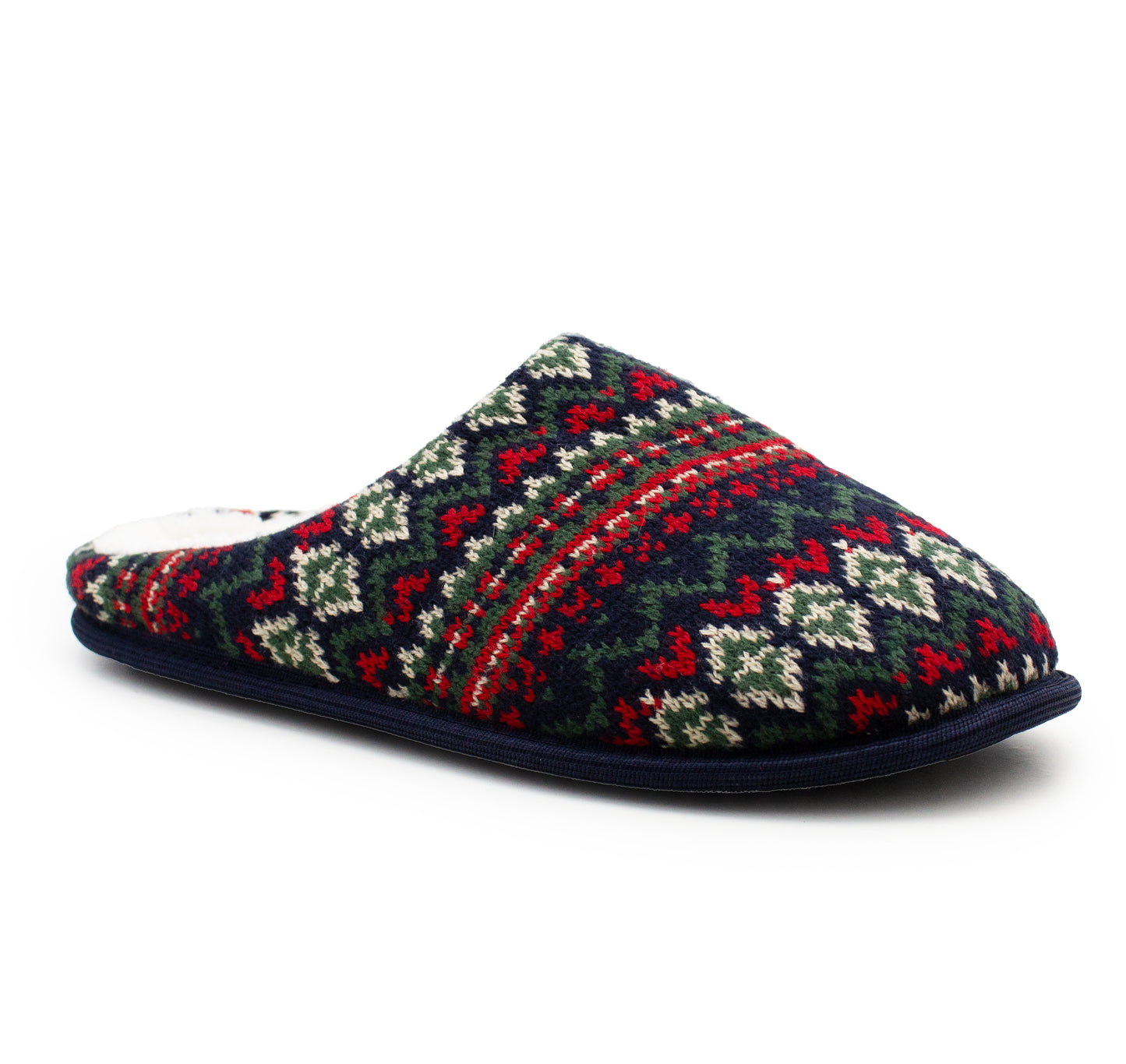 Mens Winter Slippers Faux Fur Lined Backless Mules Knitted Fair Isle Lightweight Slip On Indoor House Shoes
