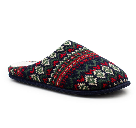 Mens Winter Slippers Faux Fur Lined Backless Mules Knitted Fair Isle Lightweight Slip On Indoor House Shoes