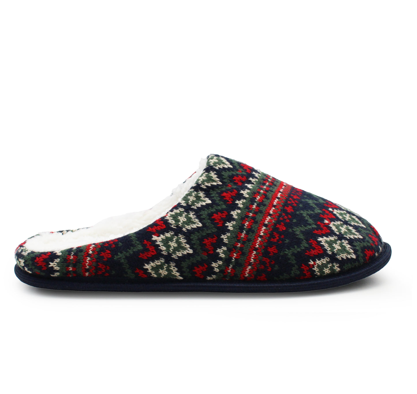 Mens Winter Slippers Faux Fur Lined Backless Mules Knitted Fair Isle Lightweight Slip On Indoor House Shoes