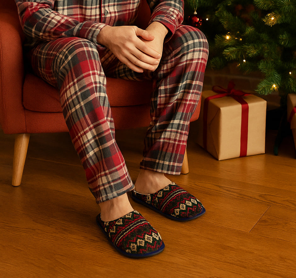 Mens Winter Slippers Faux Fur Lined Backless Mules Knitted Fair Isle Lightweight Slip On Indoor House Shoes