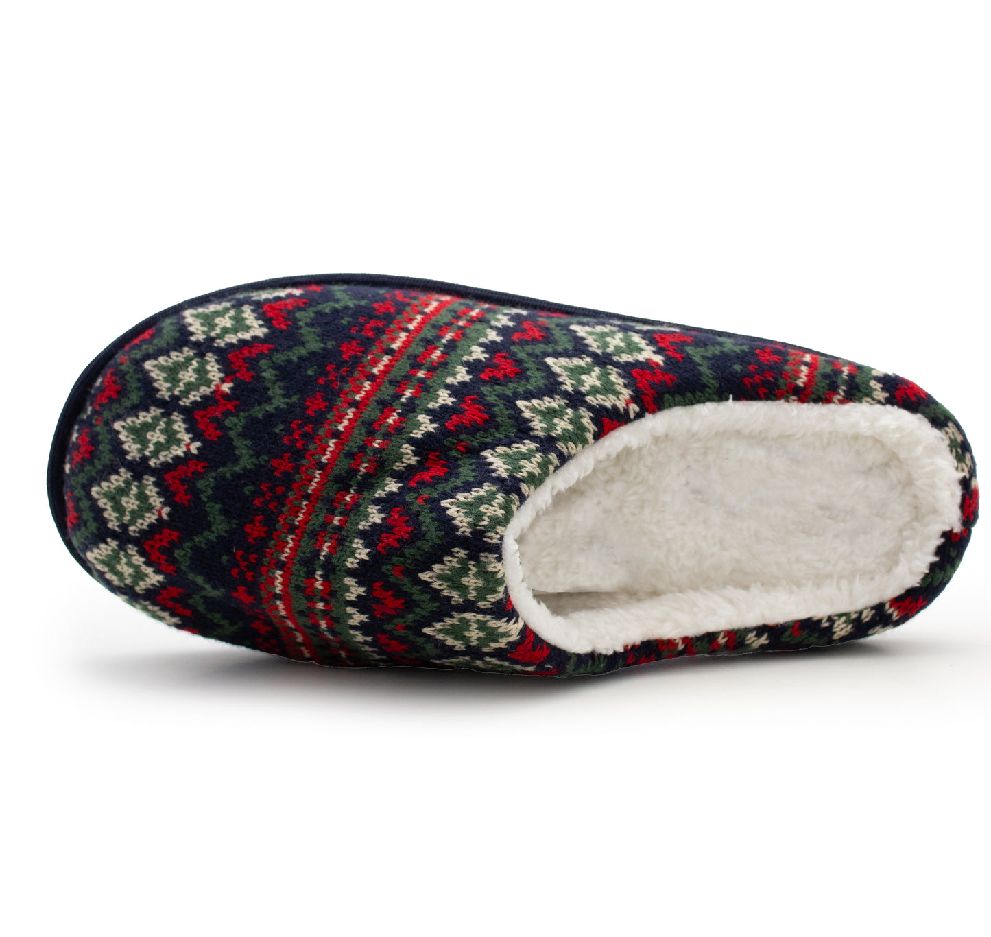Mens Winter Slippers Faux Fur Lined Backless Mules Knitted Fair Isle Lightweight Slip On Indoor House Shoes