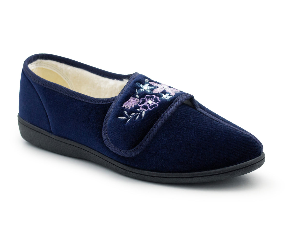 Womens Velour Slippers Faux Fur Lined Ladies Winter Wide Opening Diabetic Orthopaedic House Shoes