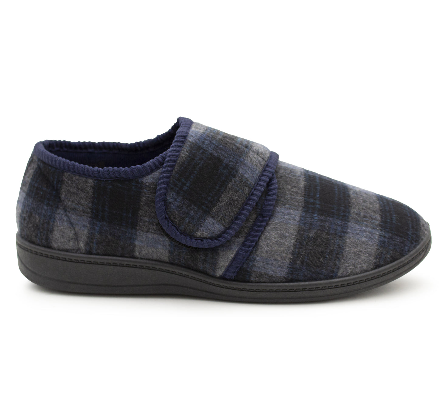 Mens Touch Fasten Slippers Navy Blue Check Felt Wide Opening House Shoes Casual Comfort Indoor Slipper