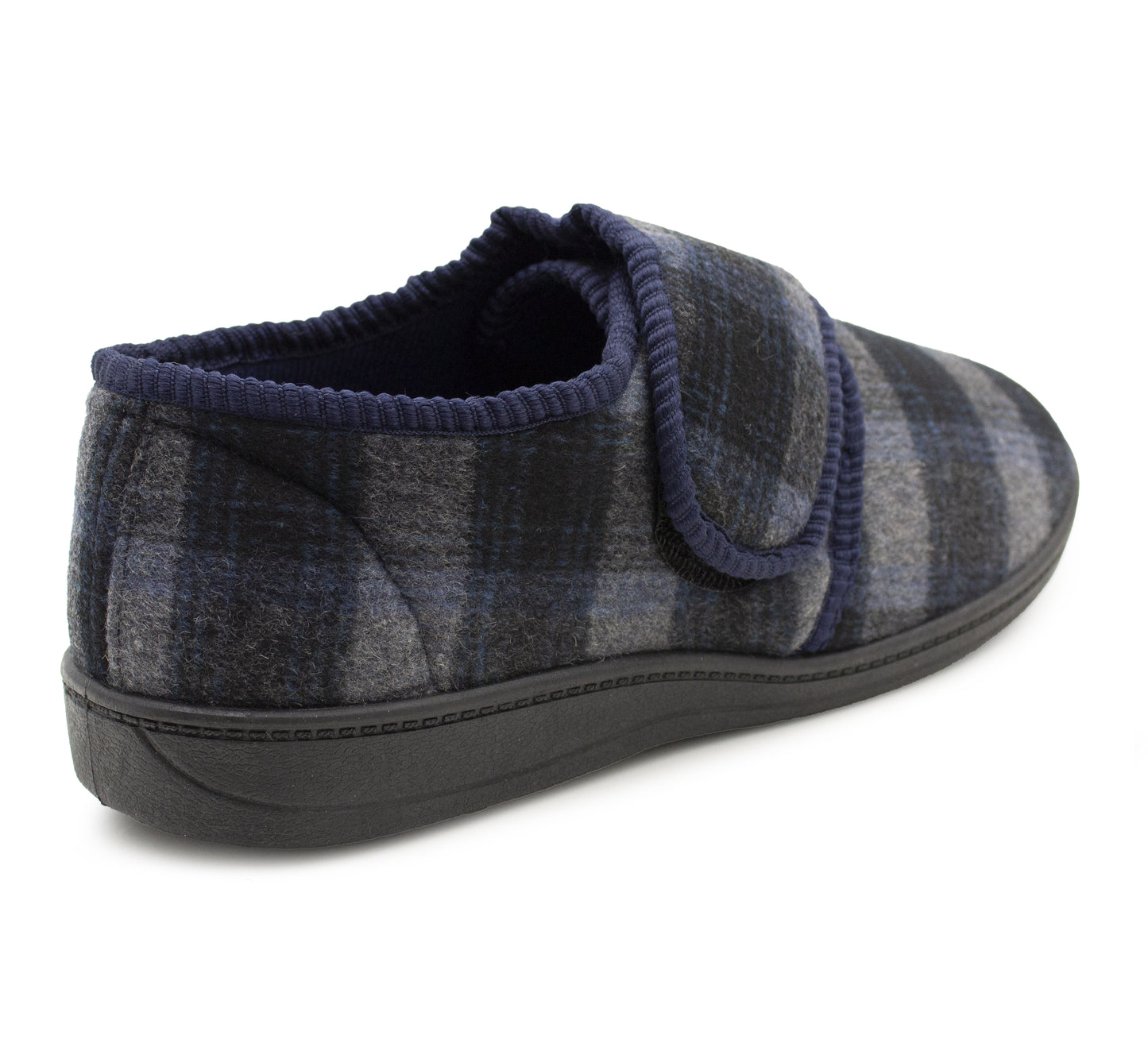 Mens Touch Fasten Slippers Navy Blue Check Felt Wide Opening House Shoes Casual Comfort Indoor Slipper