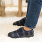 Mens Touch Fasten Slippers Navy Blue Check Felt Wide Opening House Shoes Casual Comfort Indoor Slipper