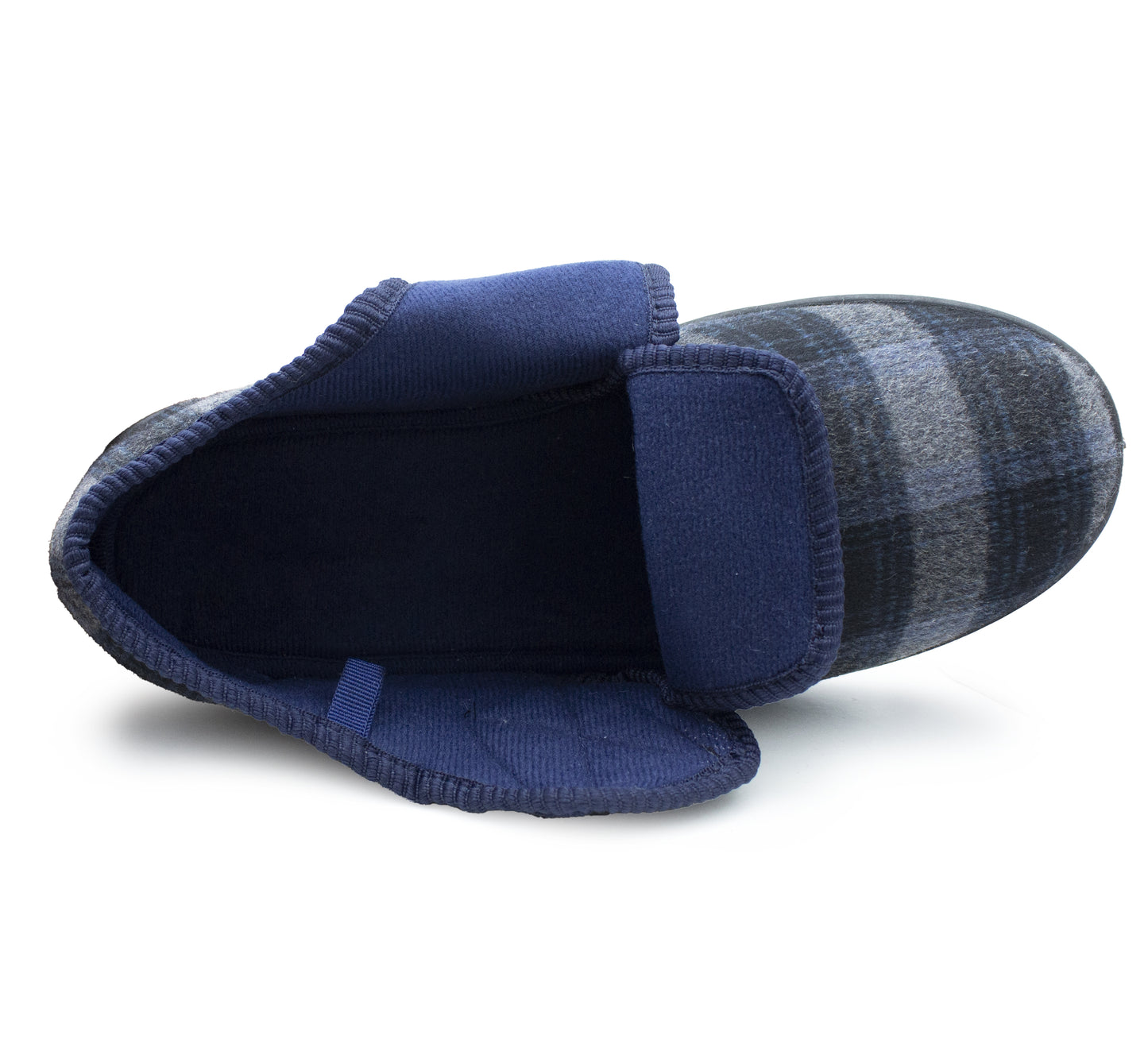 Mens Touch Fasten Slippers Navy Blue Check Felt Wide Opening House Shoes Casual Comfort Indoor Slipper