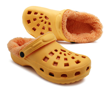 Womens Warm Fur Lined Thermal Orange Garden Clogs Lightweight EVA Slip On Slippers Kitchen Nurse Indoor House Shoes Sandals