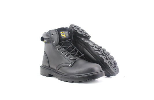 Grafters Mens Black Leather Lace Up Steel Toe Cap S1 Safety Padded Ankle Collar Work Boots