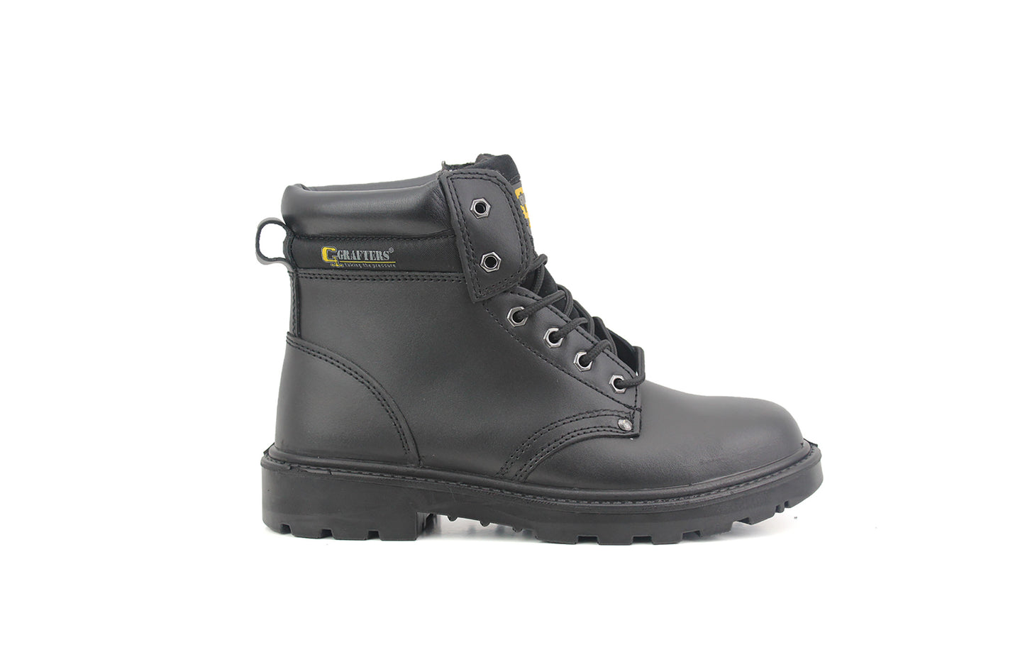 Grafters Mens Black Leather Lace Up Steel Toe Cap S1 Safety Padded Ankle Collar Work Boots