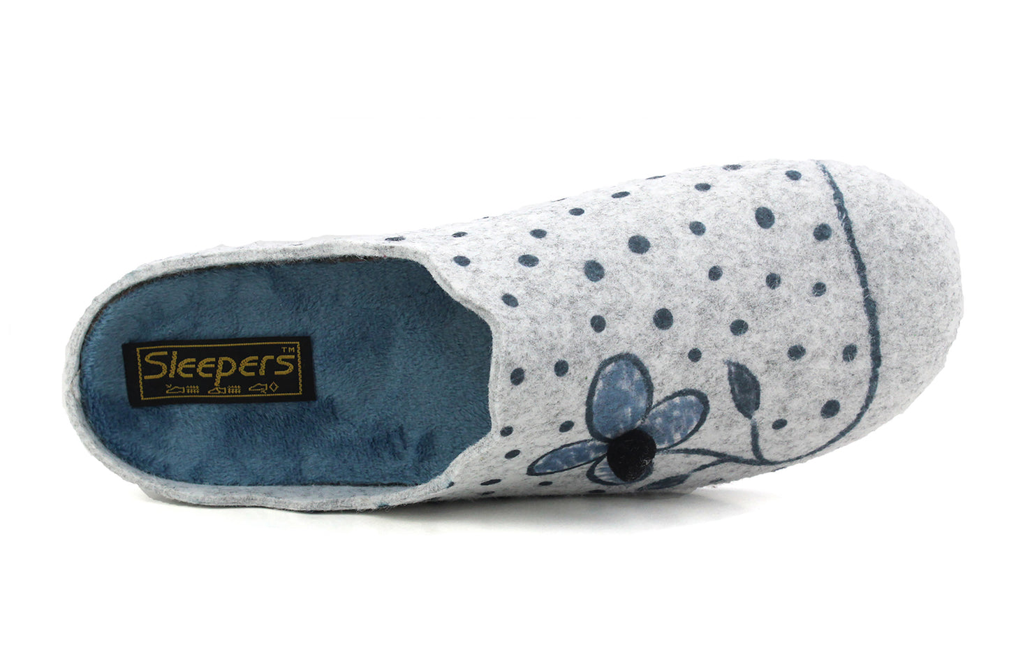 Womens Ladies Grey Blue Velour Slip On Flower Pattern Polka Dot Mules Slippers SIZE UK 7