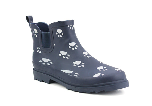 Womens Ladies Navy Animal Paw Print Short Welly Shoes Wellington Wellies Ankle Boots