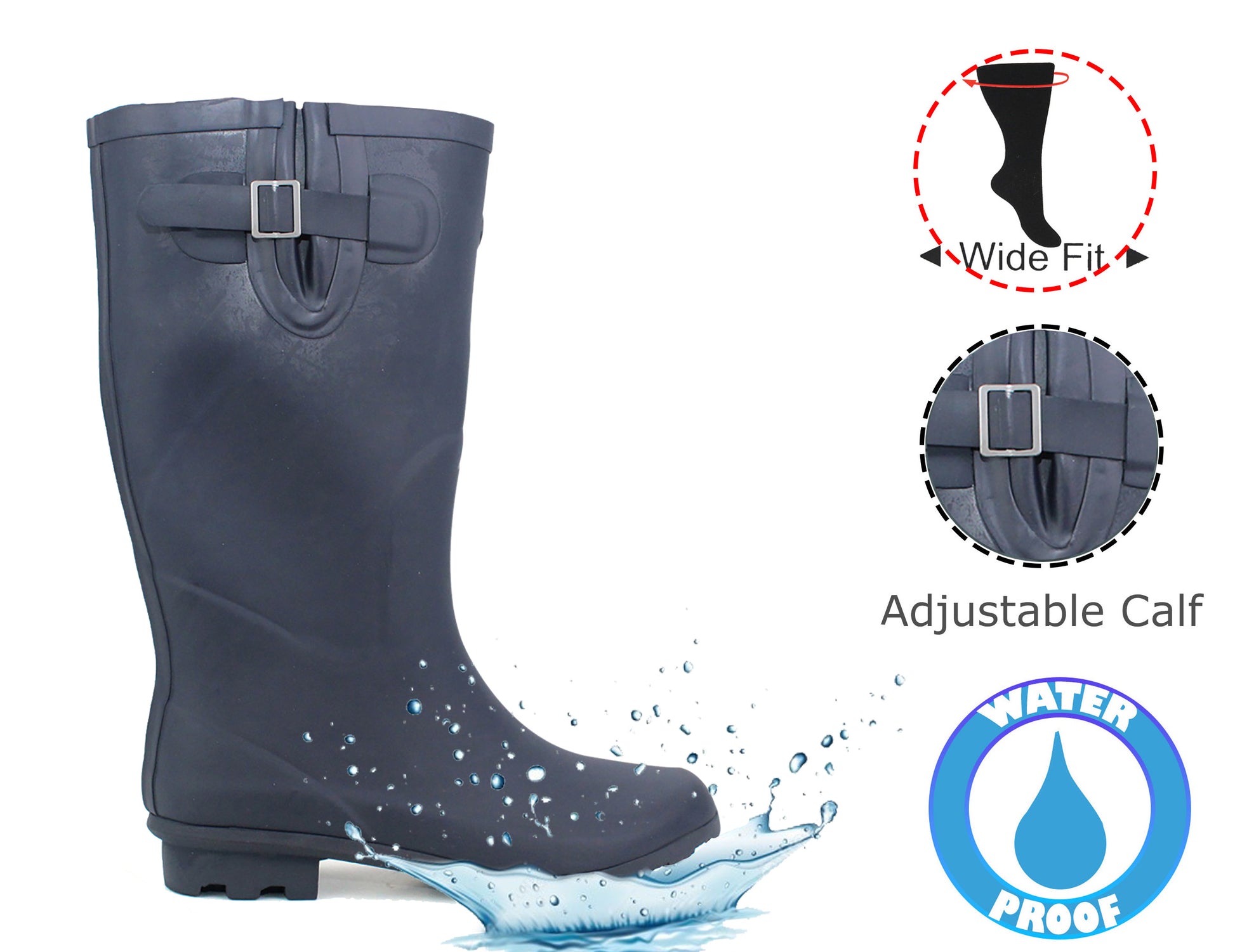 Womens Ladies Wide Calf Adjustable Wellies Waterproof Rain