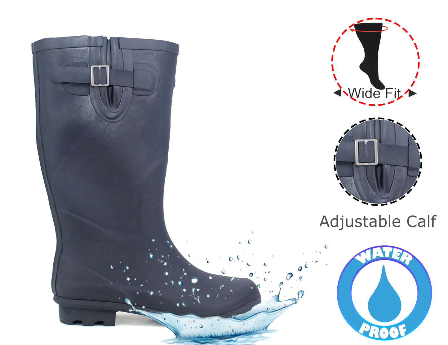 Womens Ladies Wide Calf Adjustable Wellies Waterproof Rain Festival Dog Walking Wellington Boots Navy