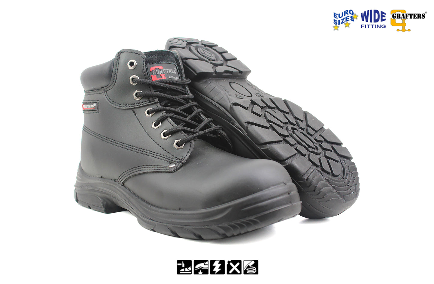 Grafters Mens Black Leather Coated Super Wide EEEE Fitting Steel Toe Cap Work Safety Boots