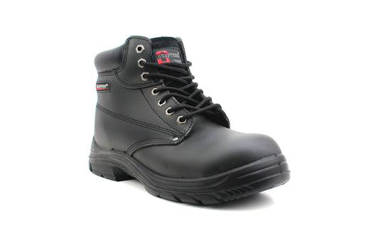 Grafters Mens Black Leather Coated Super Wide EEEE Fitting Steel Toe Cap Work Safety Boots