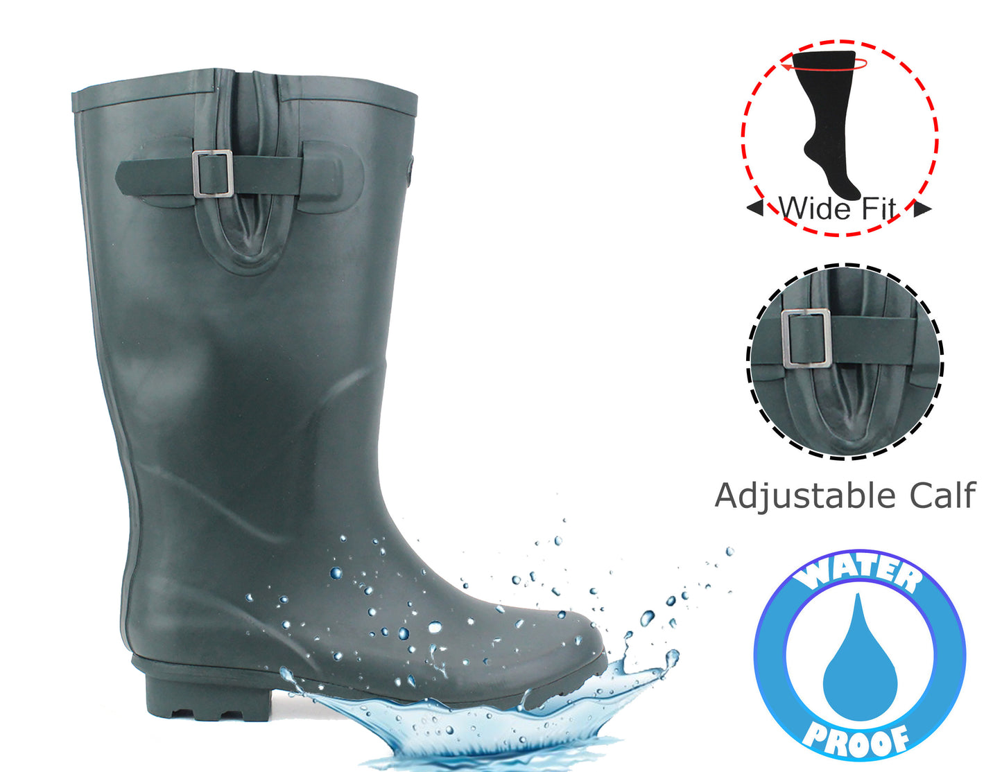 Womens Ladies Wide Calf Adjustable Wellies Waterproof Rain Festival Dog Walking Wellington Boots Green