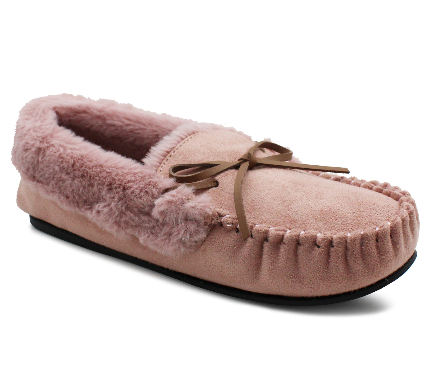 Womens Pink Faux Fur Lined Moccasins Indoor Winter Loafer House Shoes Moc Slippers