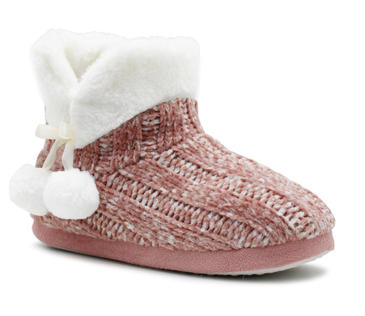 Womens Winter Pink Ankle Slippers Boots Knitted Faux Fur Lined Slip On Plush Cosy Lightweight Pom Pom Booties