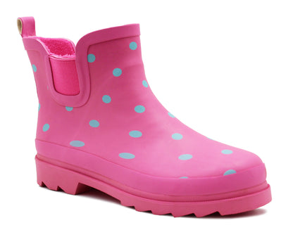 Ladies Pink Polka Dot Ankle Wellies Womens Slip On Waterproof Elastic Chelsea Style Low Cut Black Ankle High Wellington Boots