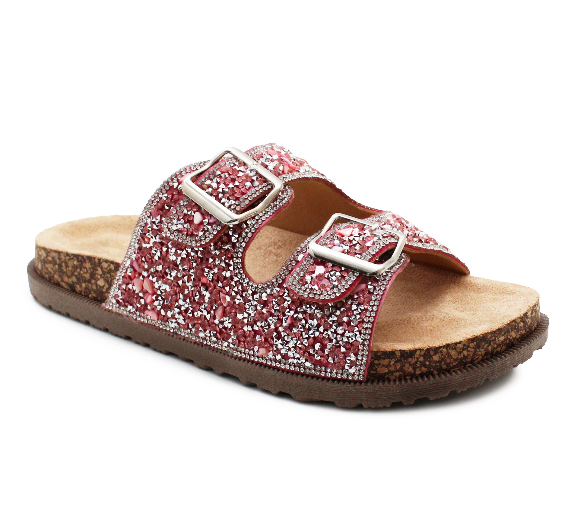 Womens Sandals Cork Footbed Pink Glitter Buckle Open Toe Slides Adjustable Straps Ladies Beach Slip On Backless Flat Casual Fashion Sandal