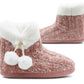 Womens Winter Pink Ankle Slippers Boots Knitted Faux Fur Lined Slip On Plush Cosy Lightweight Pom Pom Booties